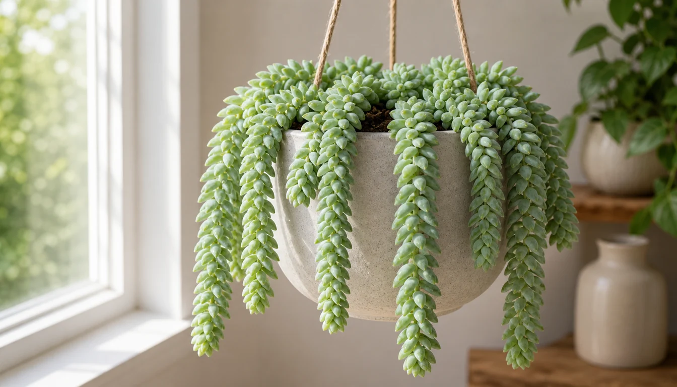 Donkey Tail hanging basket with dense blue-green succulent ropes trailing beside a bright window