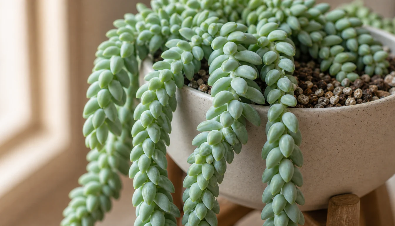 Close-up of Donkey Tail stems showing tightly packed blue-green leaves and gritty potting mix