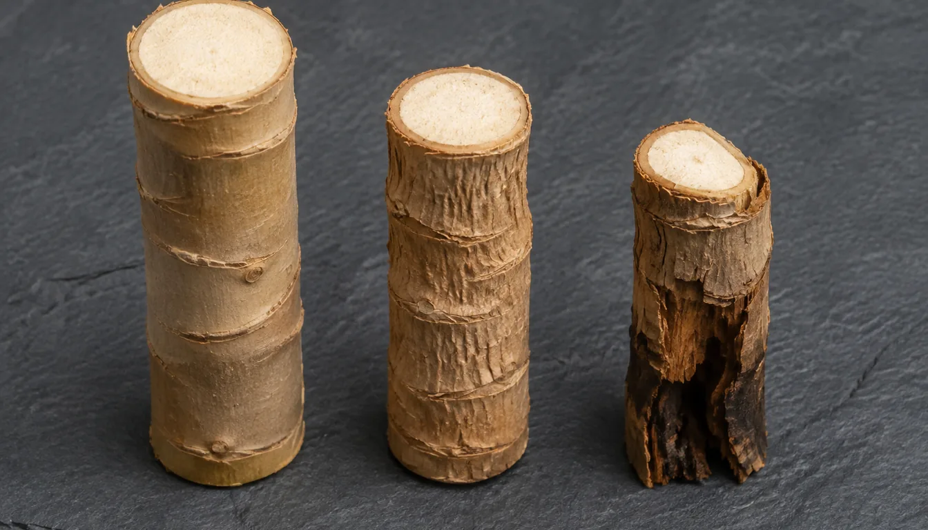 Three cut Dracaena canes with smooth bark, wrinkled bark, and extensively damaged bark on the same dark surface