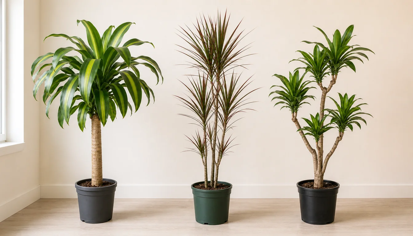 Broad corn plant on a thick cane, narrow red-edged dragon tree, and branching Dracaena reflexa in separate pots
