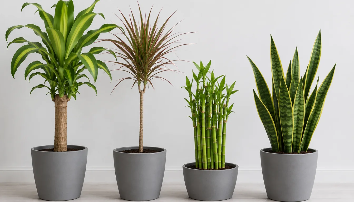 Four potted plants in identical gray pots, a broad-leaved corn plant on a thick cane, a slim red-edged dragon tree, a group of short lucky bamboo stems, and a snake plant with stiff banded upright leaves