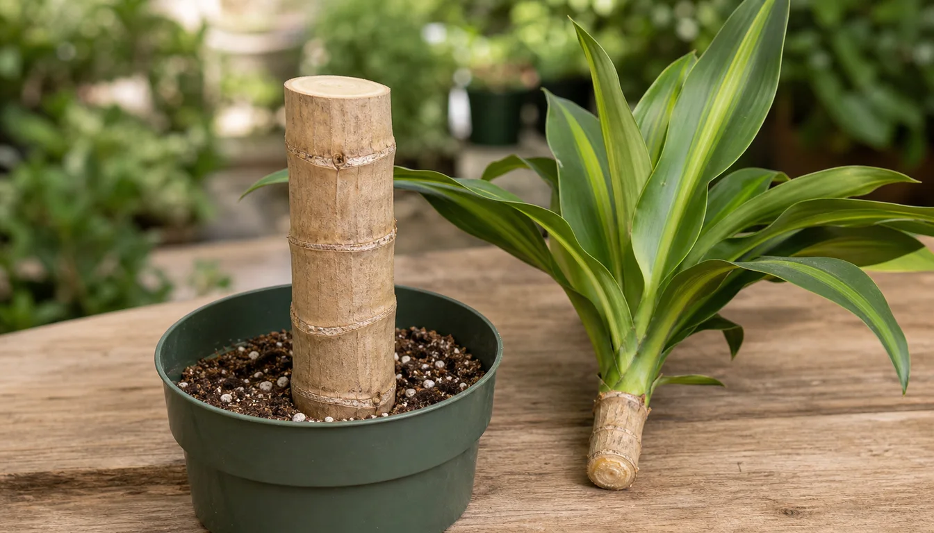 Clean pruning cut above visible node rings on a firm Dracaena cane beside its leafy top cutting