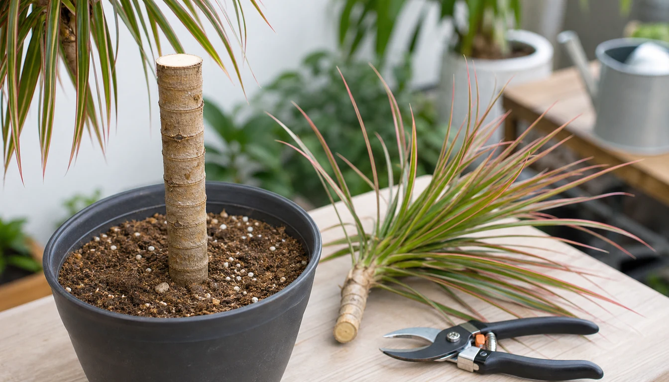 Clean cut across a firm ringed Dracaena marginata cane below its removed leafy crown