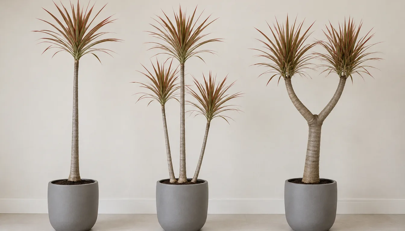 Three Dracaena marginata forms in gray pots, with a single cane, staggered canes, and a forked cane