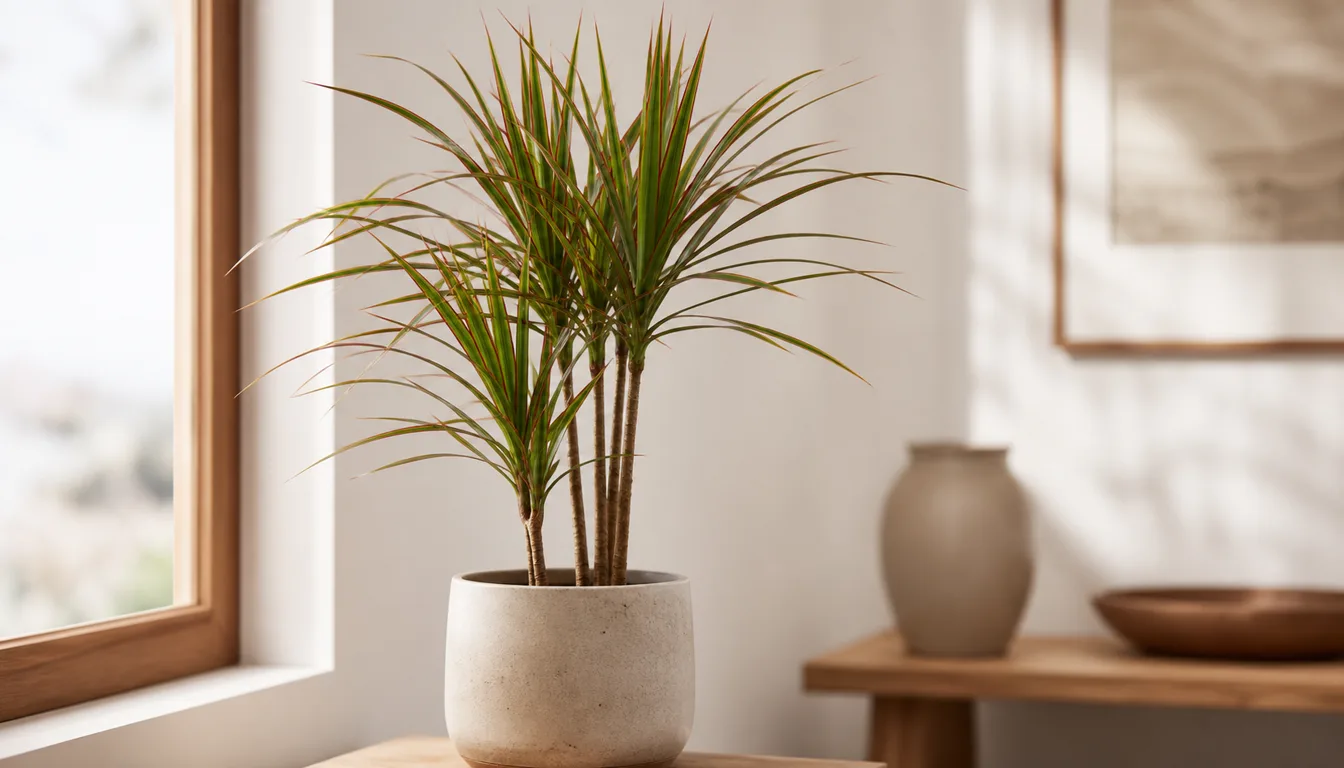 Mature multi-cane Dracaena marginata with narrow red-edged leaves beside a filtered window