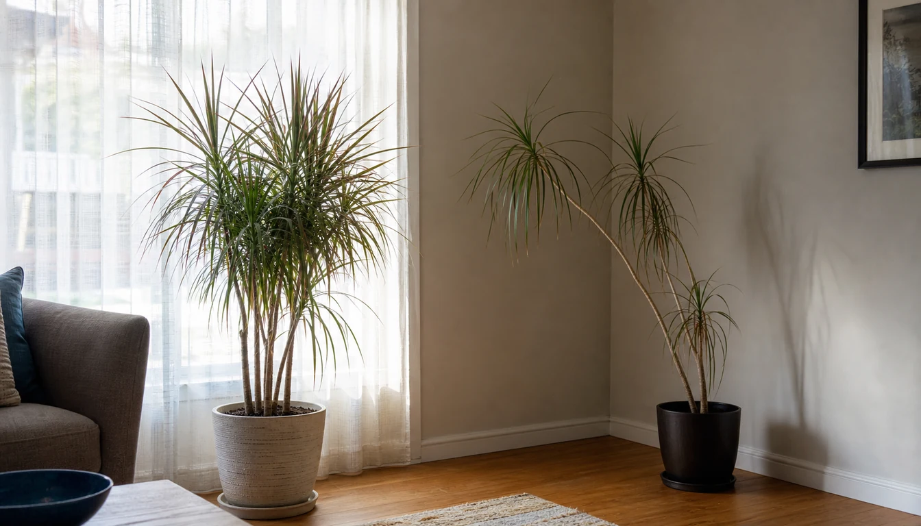 Dracaena marginata with a compact crown near filtered window light compared with a crown leaning from a dim room position