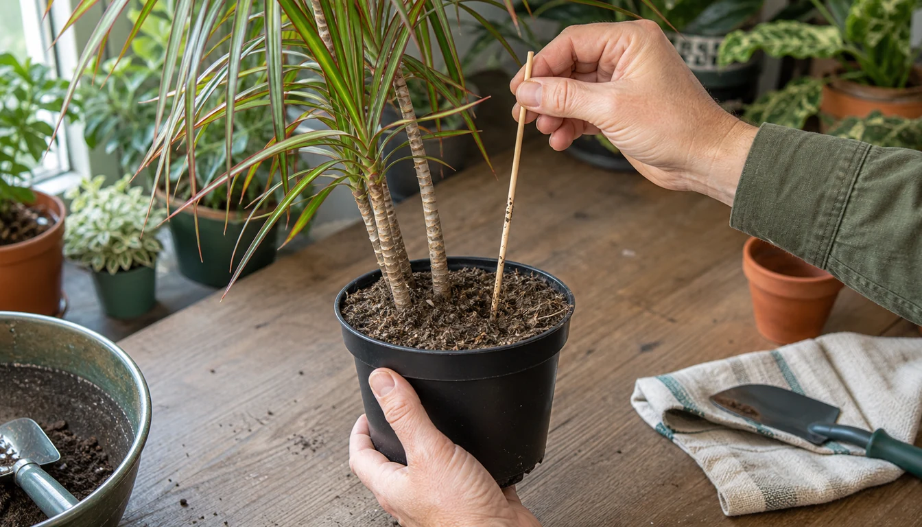 Wooden skewer checking the center of a Dracaena marginata root ball while a hand weighs its nursery pot