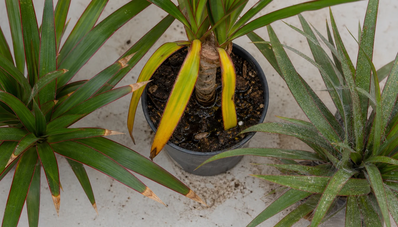 Dracaena marginata leaves showing crisp tan tips, yellowing above wet mix, and fine spider-mite stippling