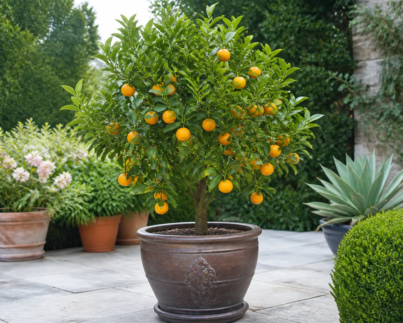 Dwarf citrus tree growing in a patio container