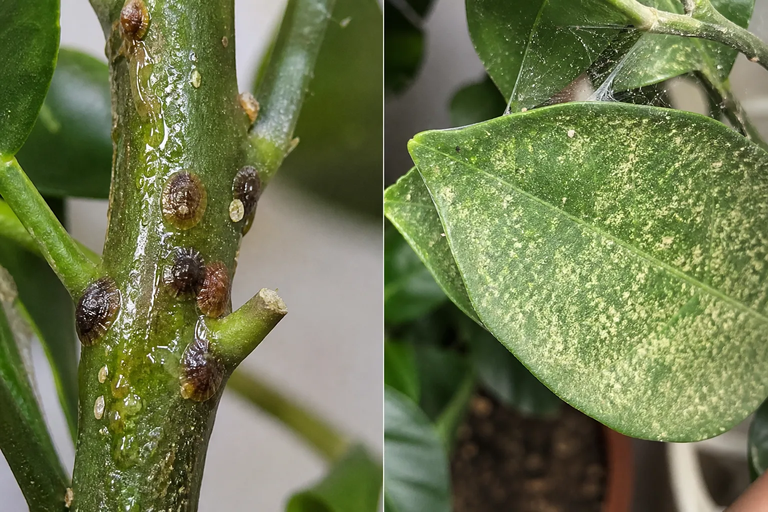 Side-by-side dwarf citrus comparison showing dark scale insect bumps with sticky honeydew on a stem beside a leaf with fine spider mite webbing and stippling