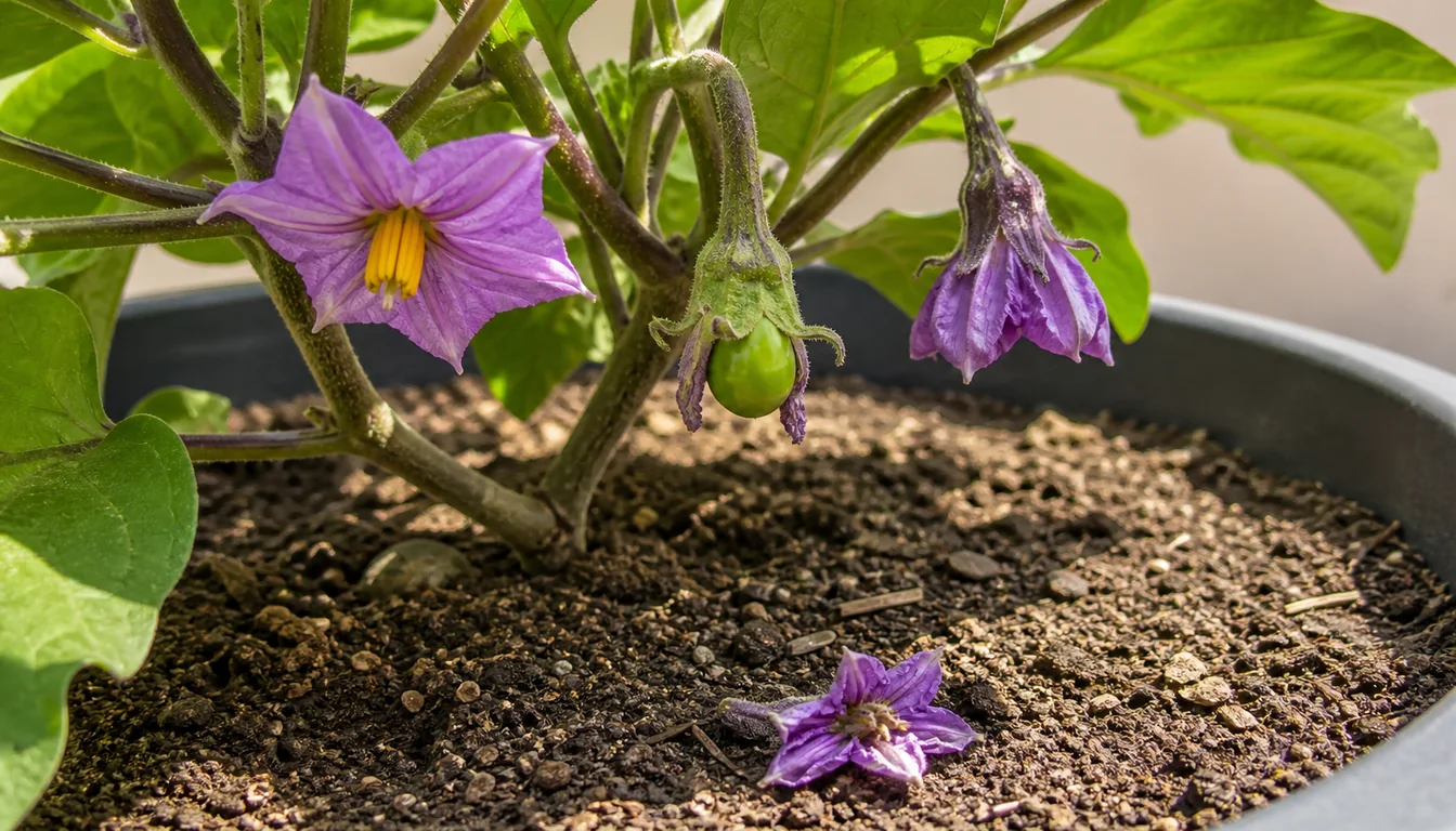 Eggplant flower, tiny setting fruit, and dropped blossom above dry container soil