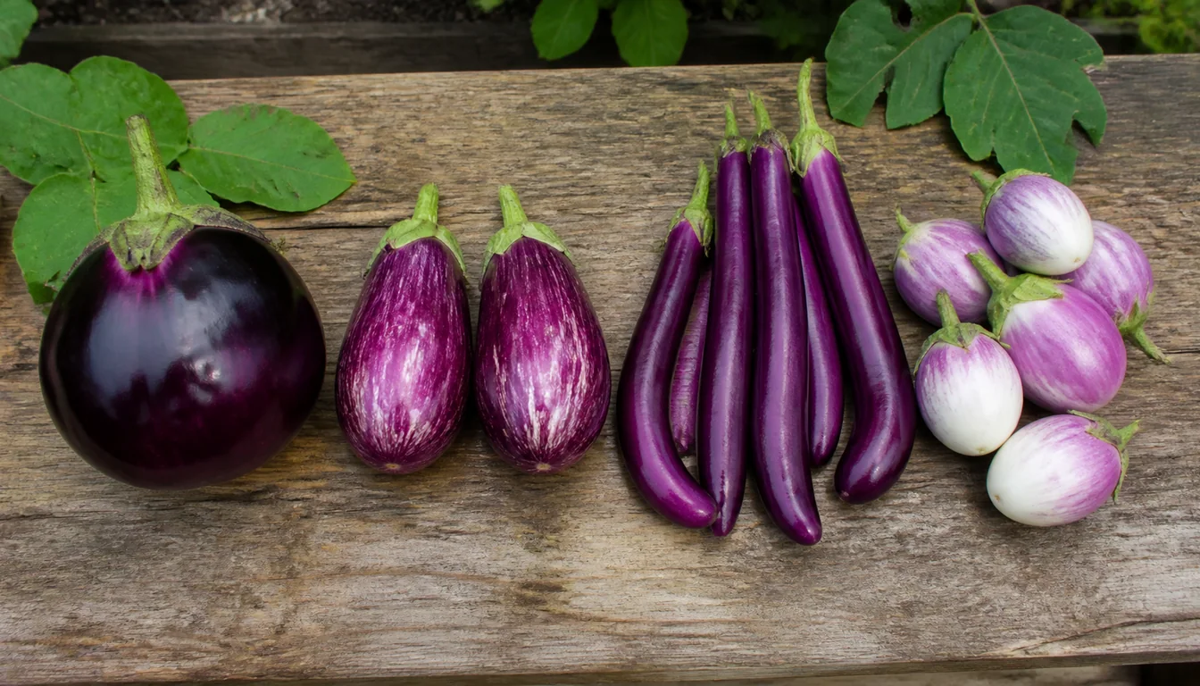 Globe, Italian, slender Asian, and small eggplant fruits arranged with distinct shapes visible