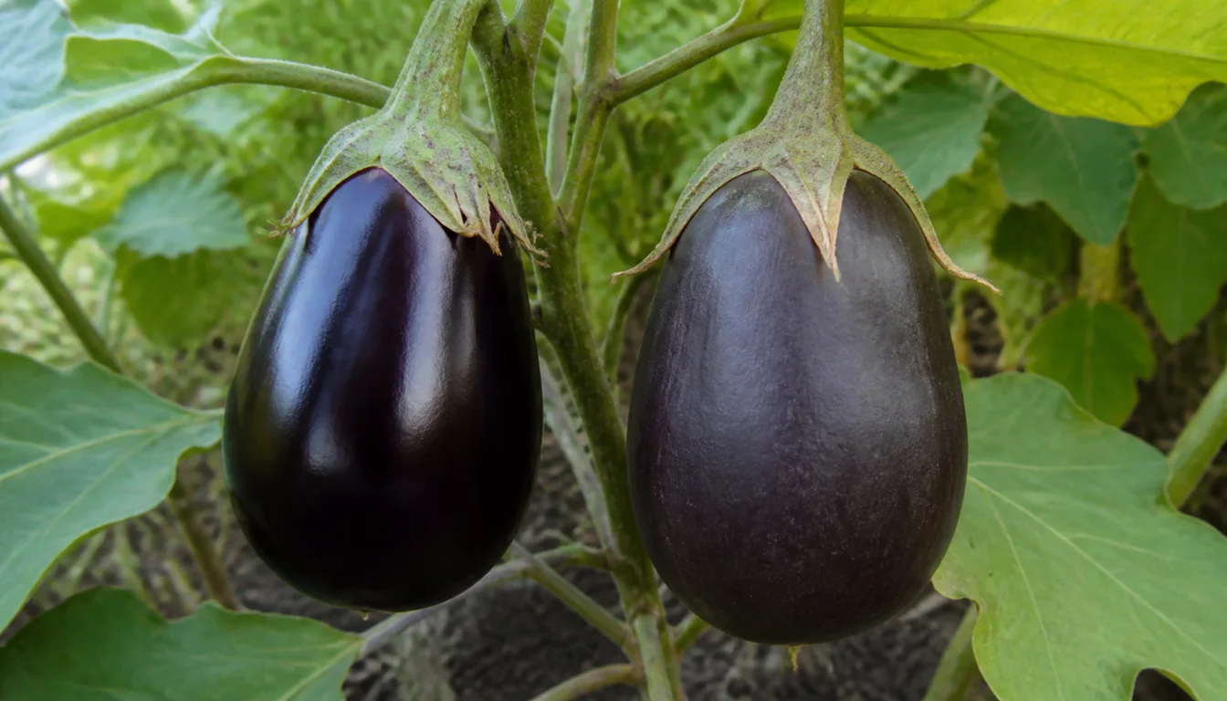 Glossy ripe purple eggplant beside a larger overmature fruit with dull matte skin on the same plant