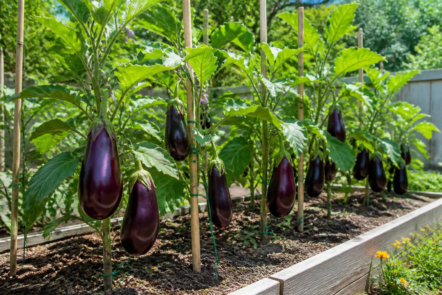 Glossy purple eggplants hanging from staked plants in a sunny vegetable bed