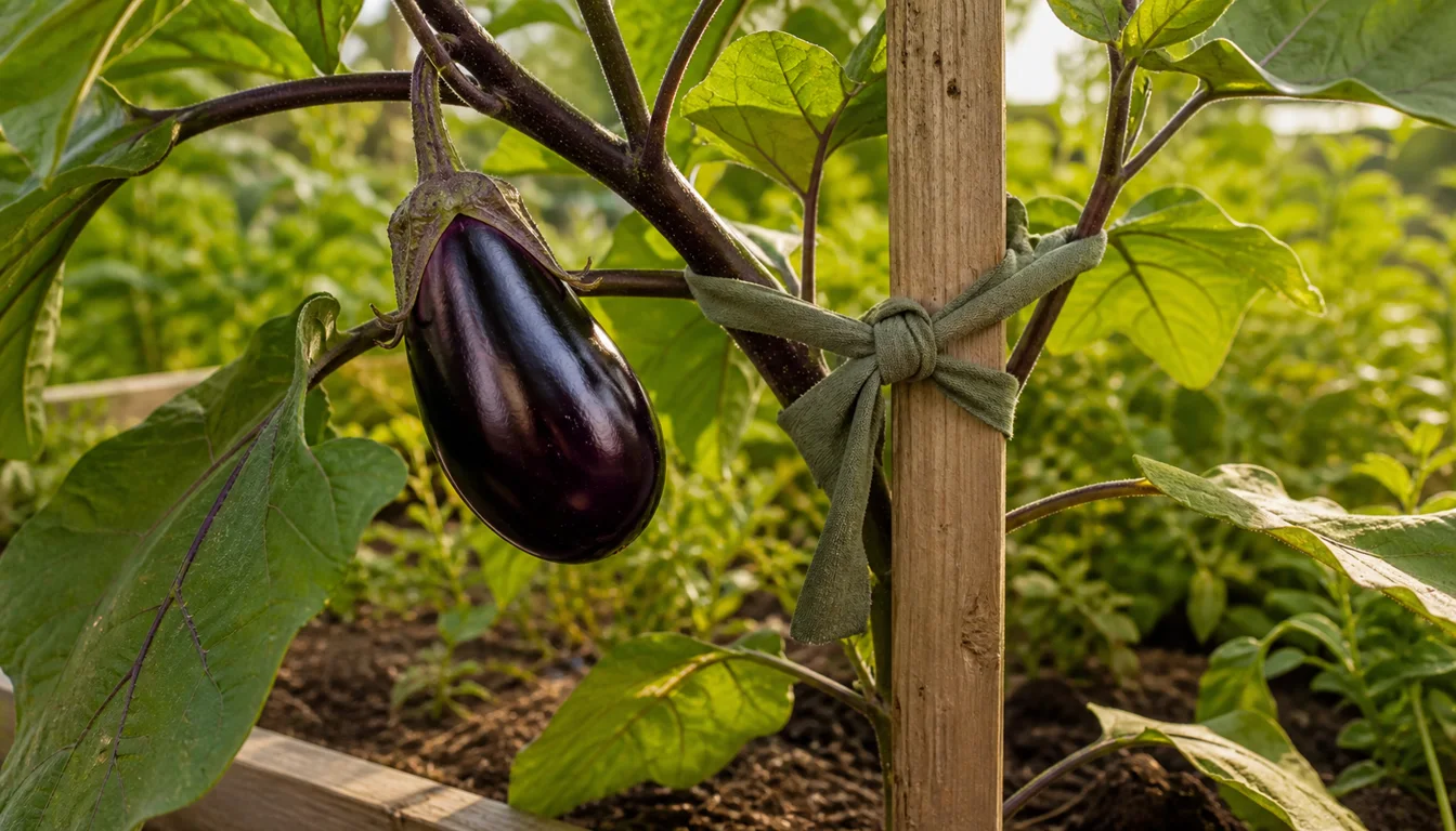 Glossy purple eggplant fruit beside a wooden stake with a loose cloth tie supporting the fruiting branch