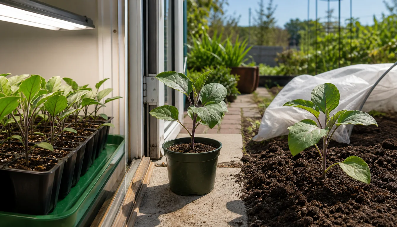 Eggplant seedling moving from warm indoor tray through hardening off to a sunny garden bed