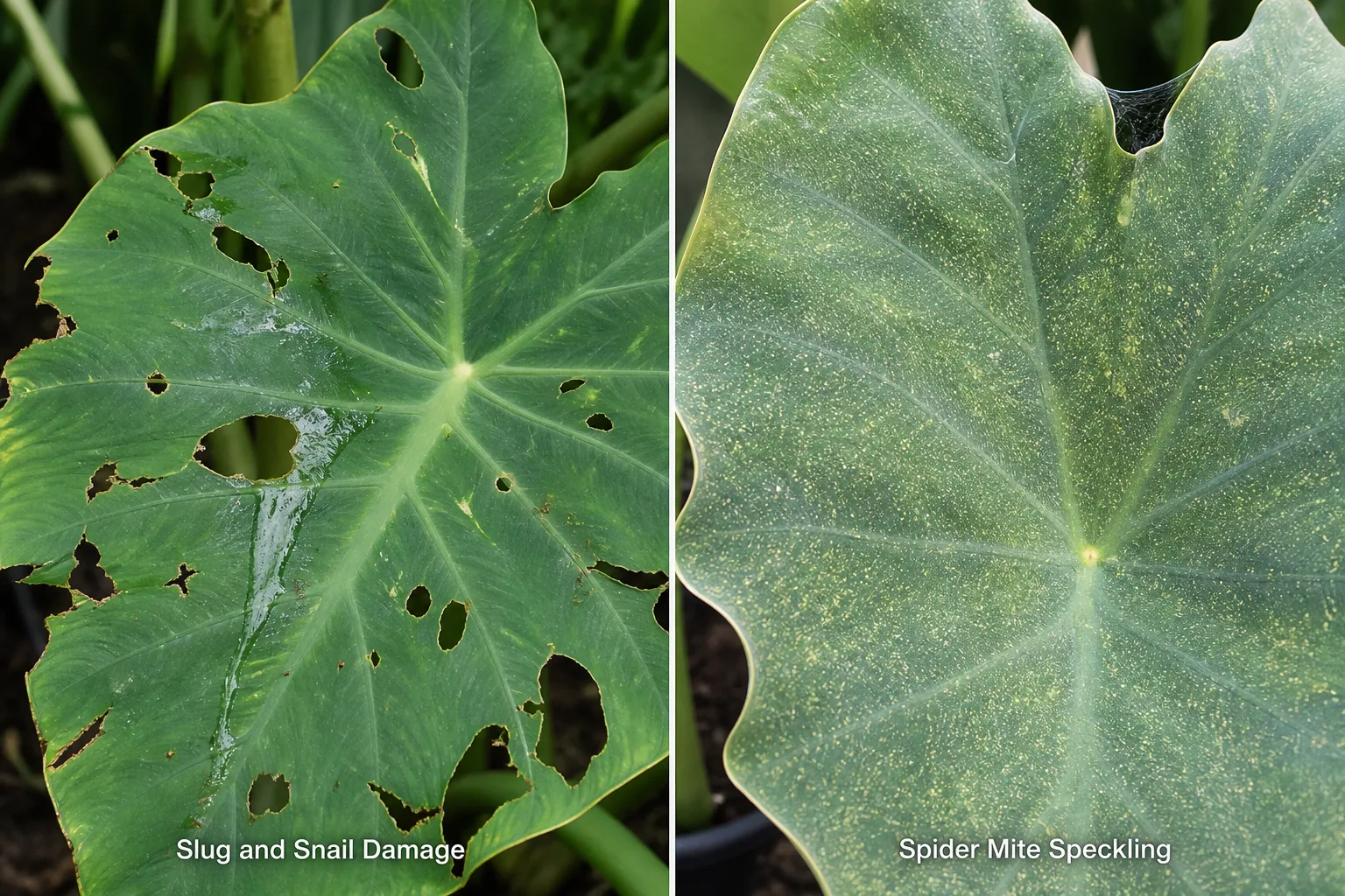 Side-by-side comparison of an Elephant Ear leaf with ragged slug and snail holes beside an Elephant Ear leaf with fine dusty spider mite speckling and webbing