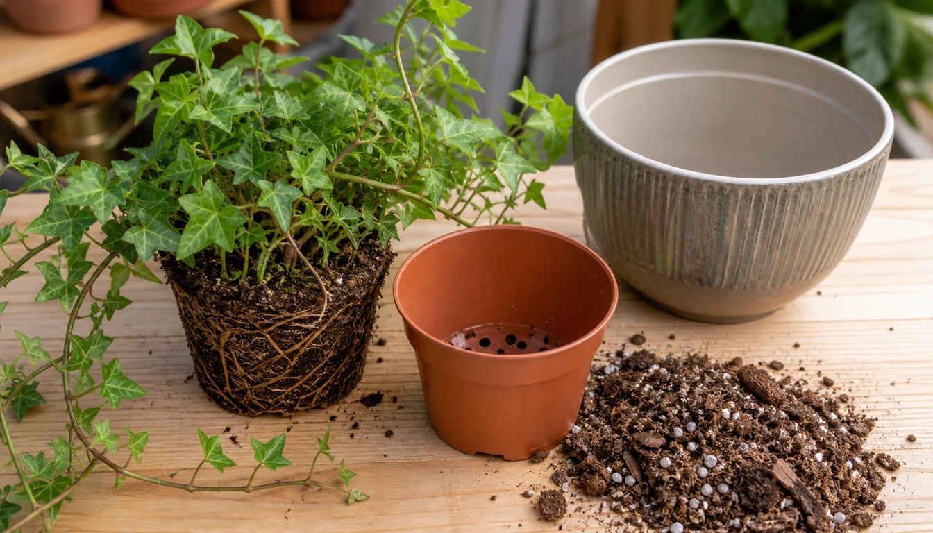 English ivy root ball beside a small draining pot and airy potting mix during repotting