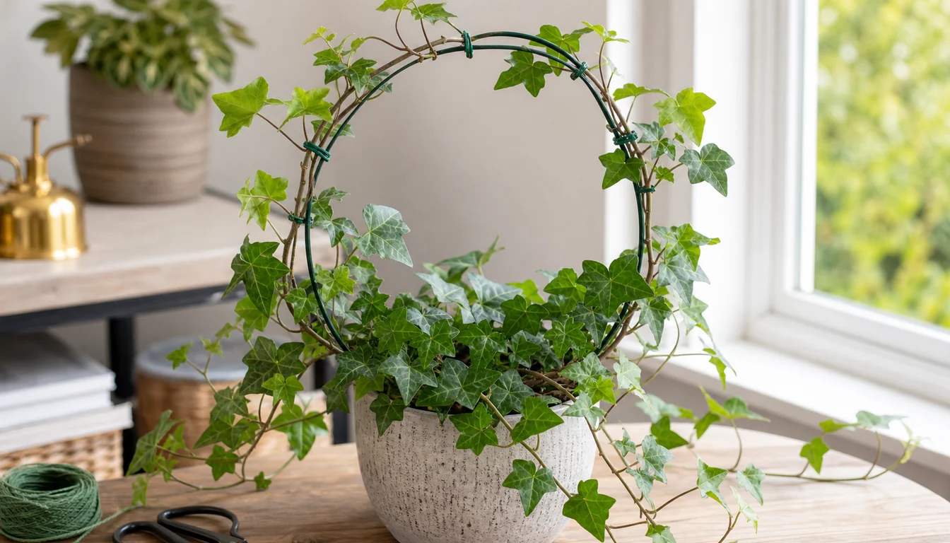 English ivy stems loosely tied to a small indoor wire hoop with other stems trailing from the pot