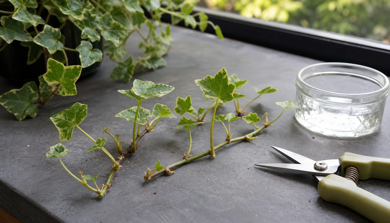 Fresh English ivy tip cuttings with visible nodes beside small snips and a propagation glass