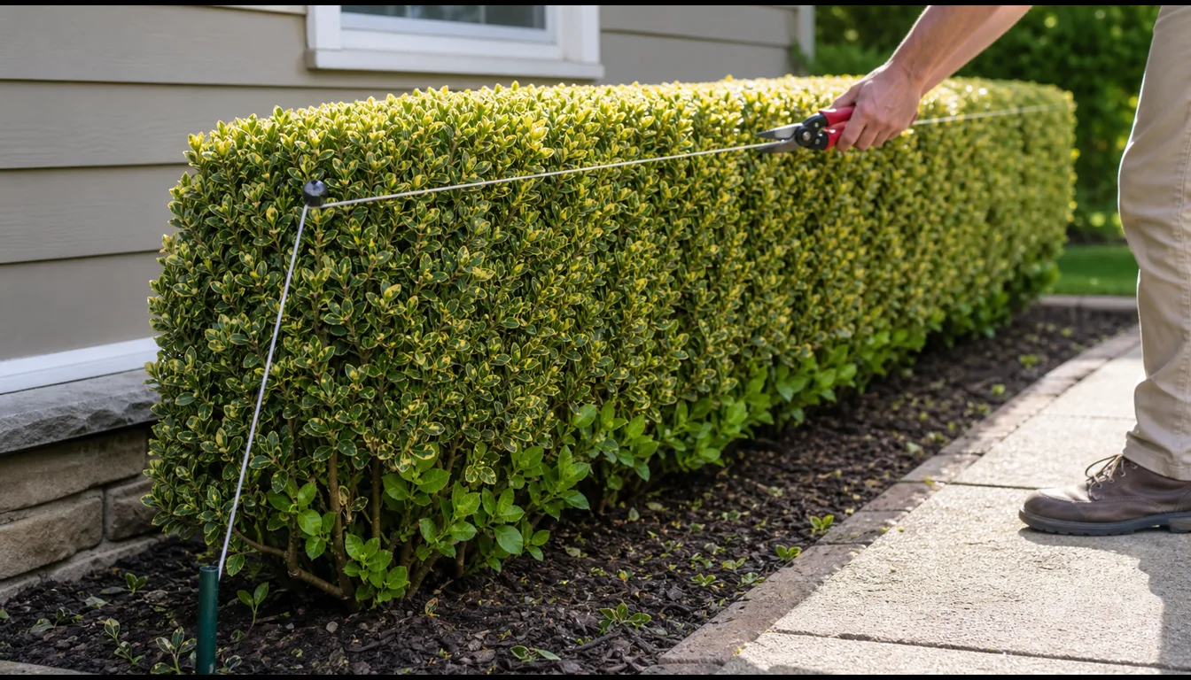 Variegated euonymus hedge being trimmed with a wider base and narrower top beside a walkway