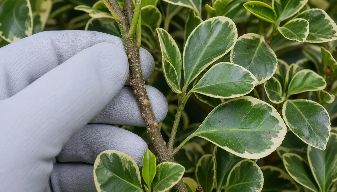 Close inspection of euonymus leaves showing green reverted growth beside variegated stems