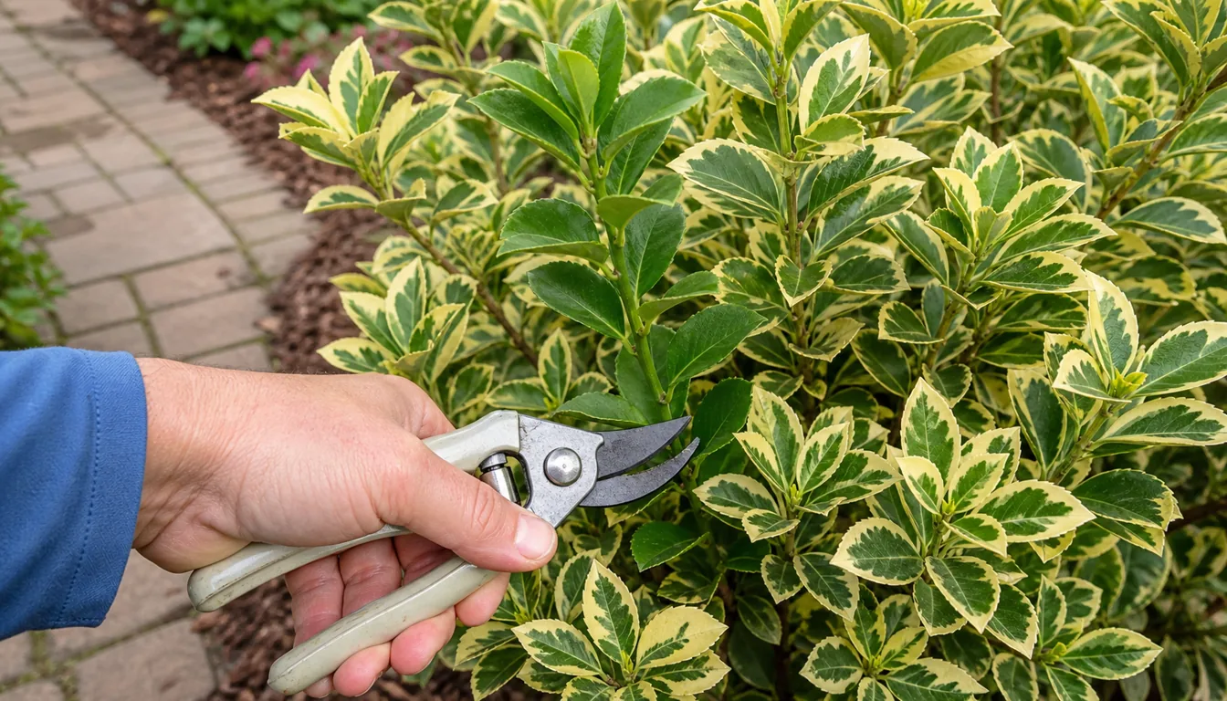Euonymus branch with a solid green reverted shoot being traced back for pruning