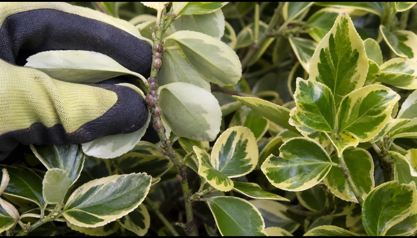 Gloved hand turning variegated euonymus leaves to reveal scale bumps on an inner stem