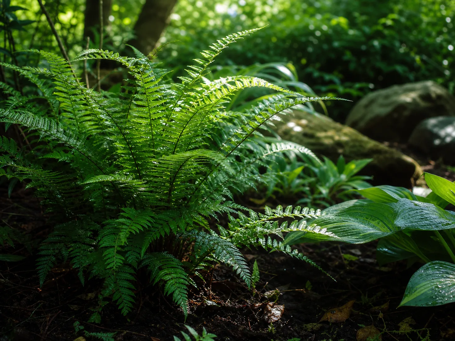 Fern fronds growing in a shaded woodland garden