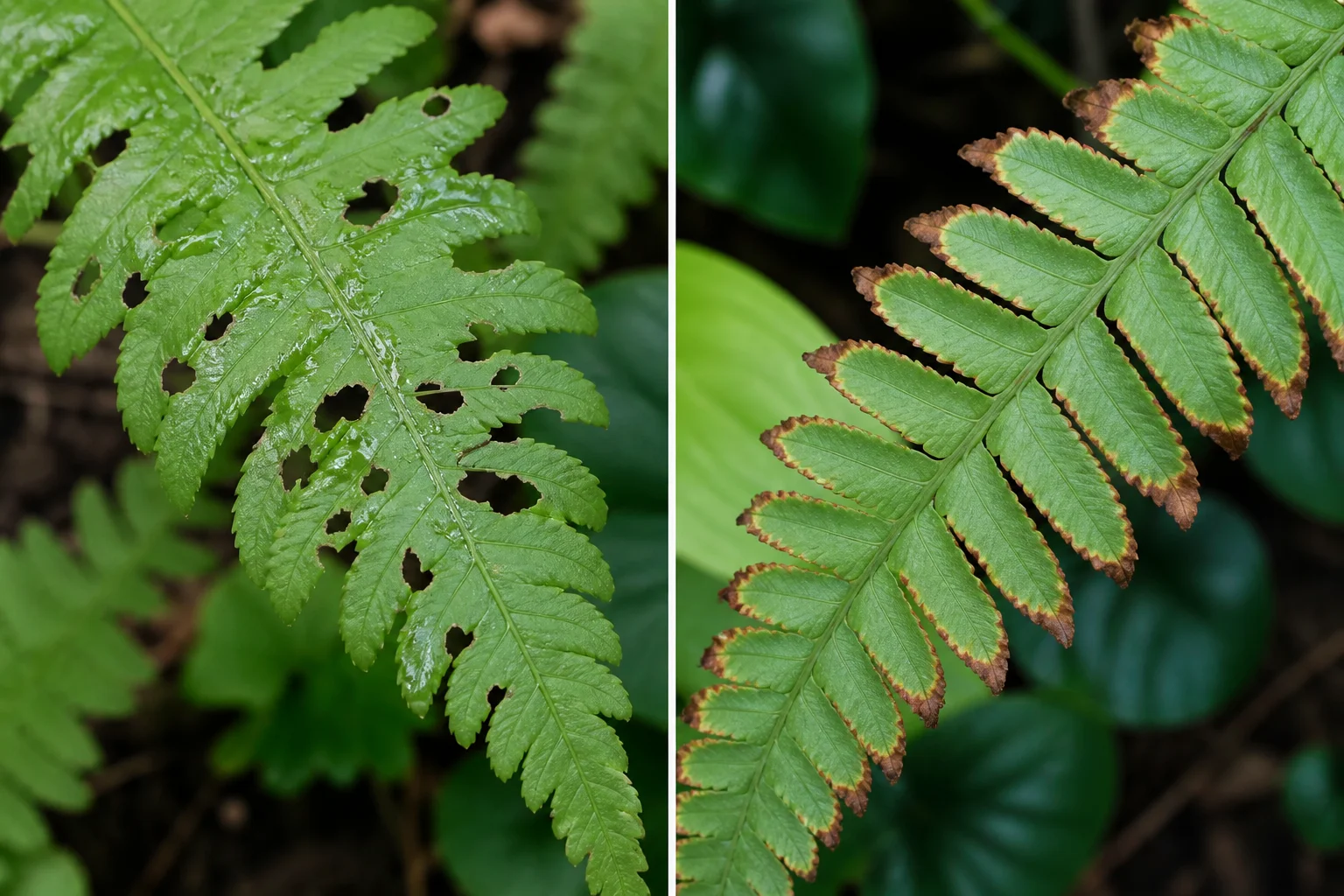 Side-by-side fern frond comparison showing ragged slug-chewed holes with a slime trail next to crisp uniform brown scorch along the leaflet edges