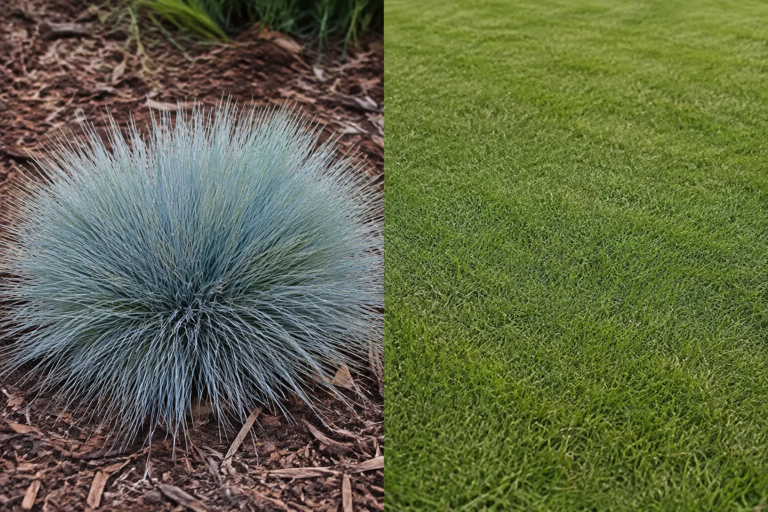 Side by side comparison of an ornamental blue fescue growing as a rounded mound of stiff silver-blue foliage in a mulched bed, beside a flat mown fine fescue lawn surface