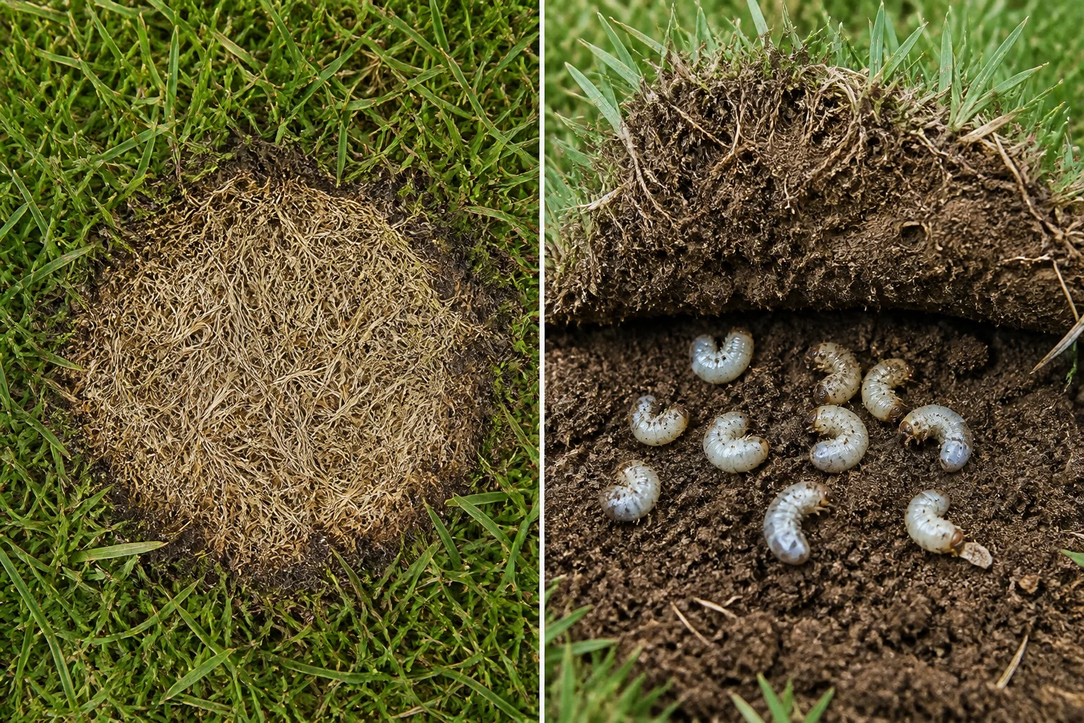 Side-by-side comparison of a circular tan brown-patch fungus spot in fescue turf and a lifted turf section revealing white grubs in the soil underneath