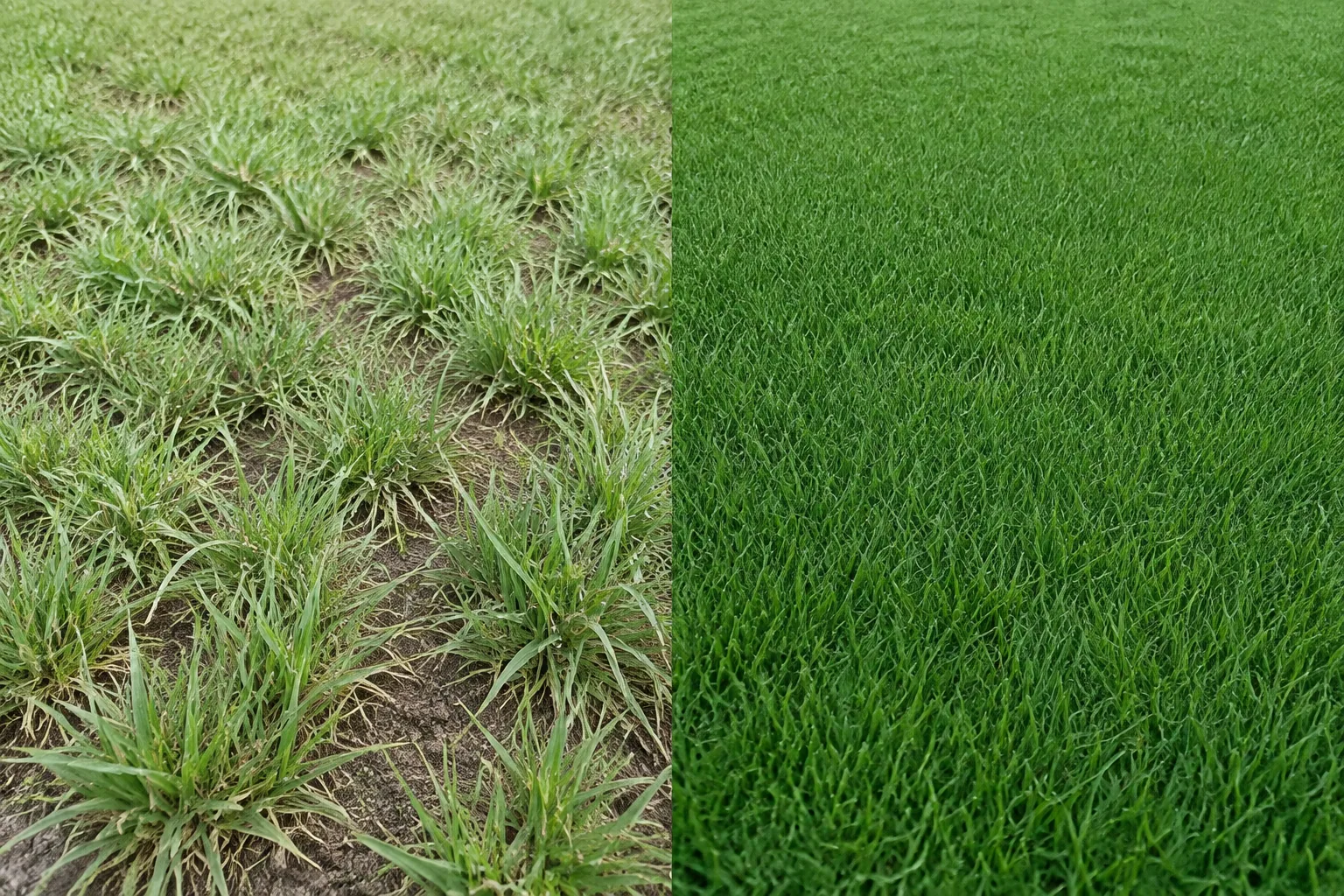 Side by side comparison of two tall fescue lawns at the same scale, the left a coarse forage-type growing in separate clumps over bare soil, the right a modern turf-type forming a dense even surface