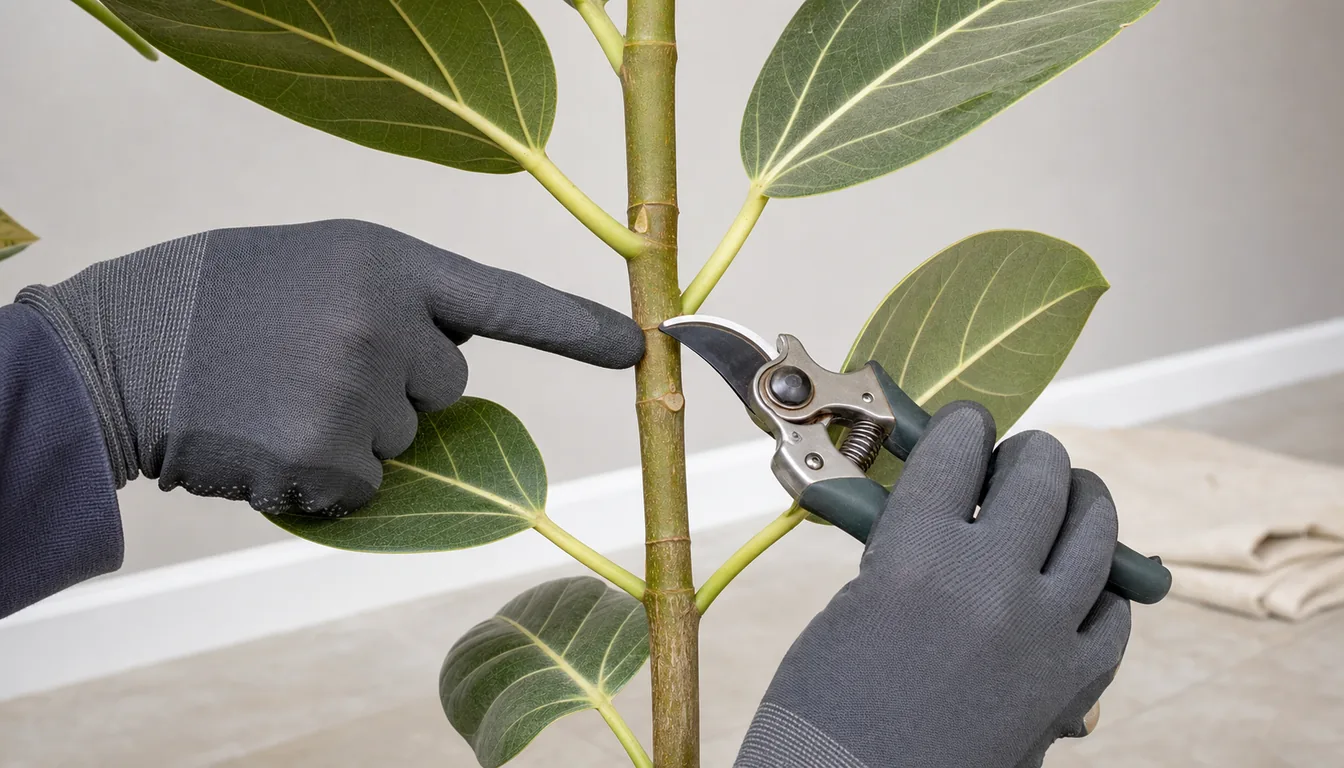 Gloved hand selecting a node for a Ficus Audrey branch framework cut