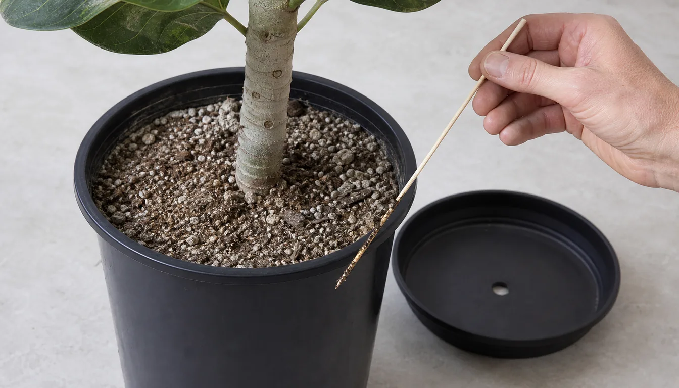 Wooden skewer showing slight lower moisture after checking a tall Ficus Audrey pot