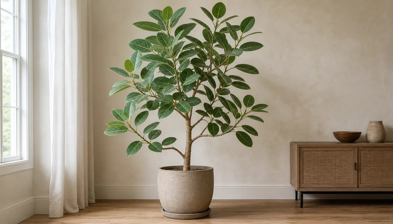 Mature Ficus Audrey indoor tree with a woody trunk and pale-veined oval leaves