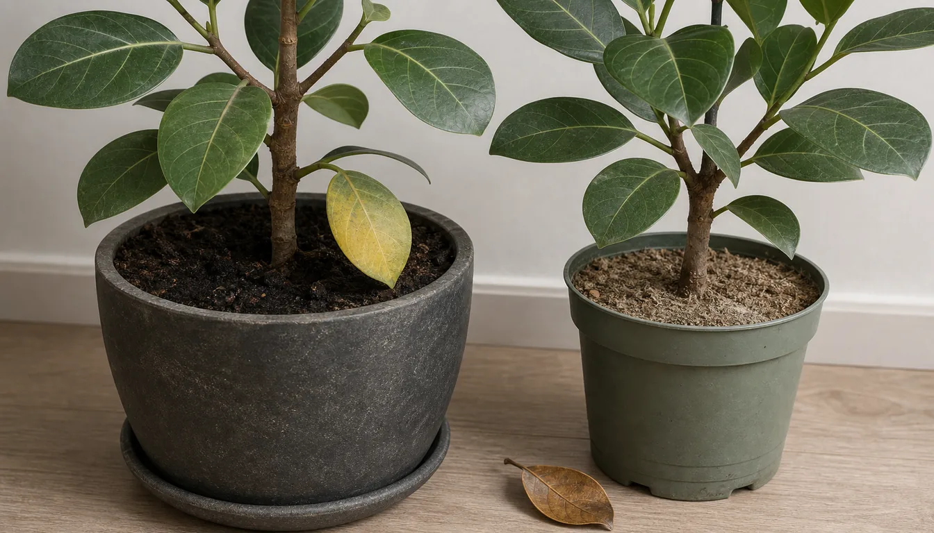 Ficus Audrey with a soft yellow lower leaf above a heavy pot and a crisp fallen leaf beside a light pot