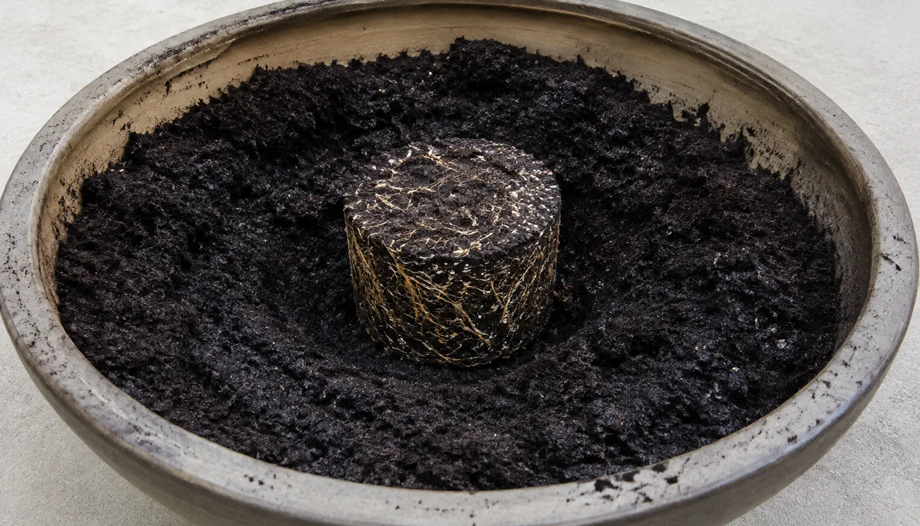 A small root-filled plug surrounded by a wide volume of potting mix in a larger container