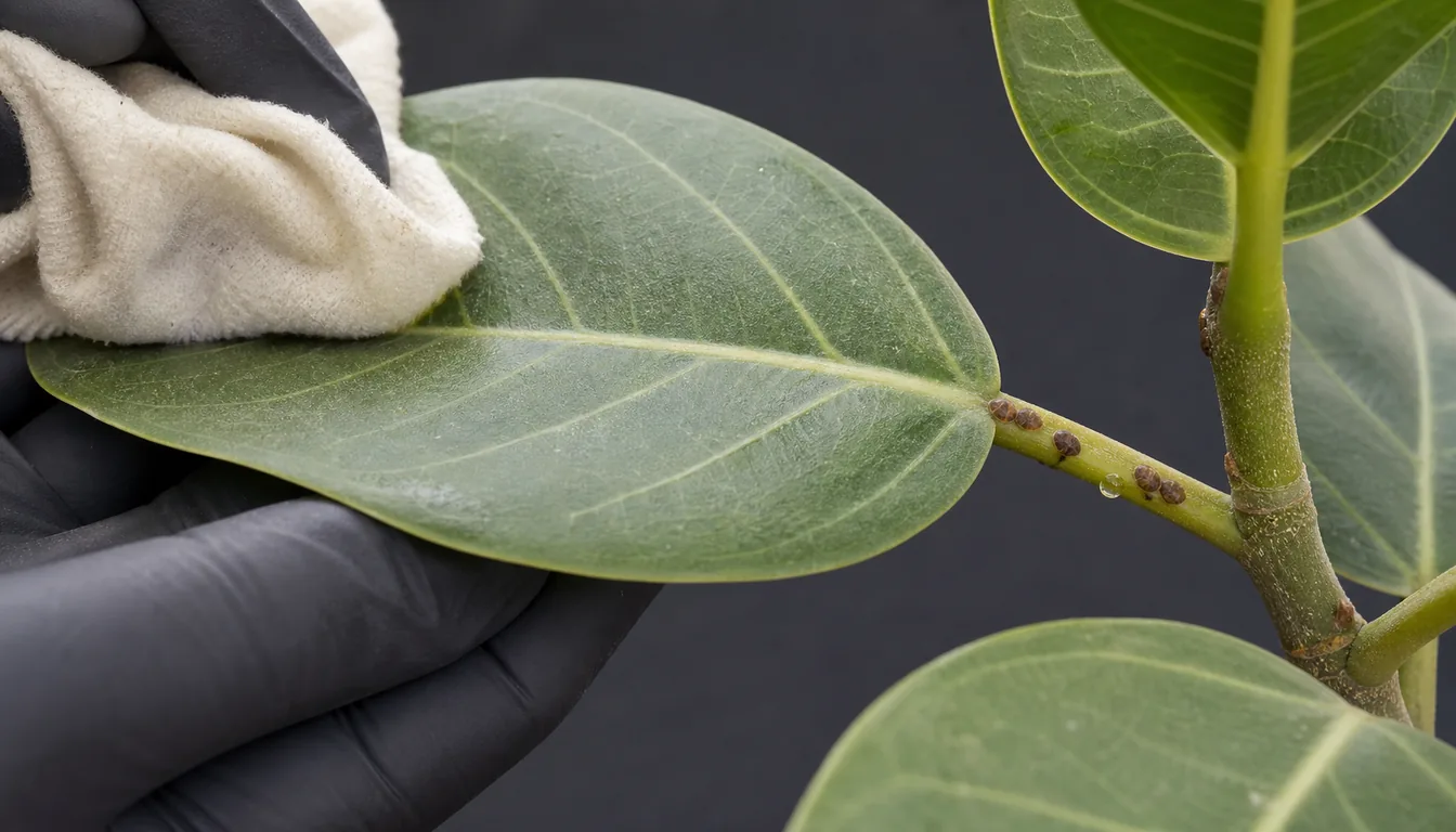Ficus Audrey leaf supported during gentle cleaning with raised scale checked near a stem joint