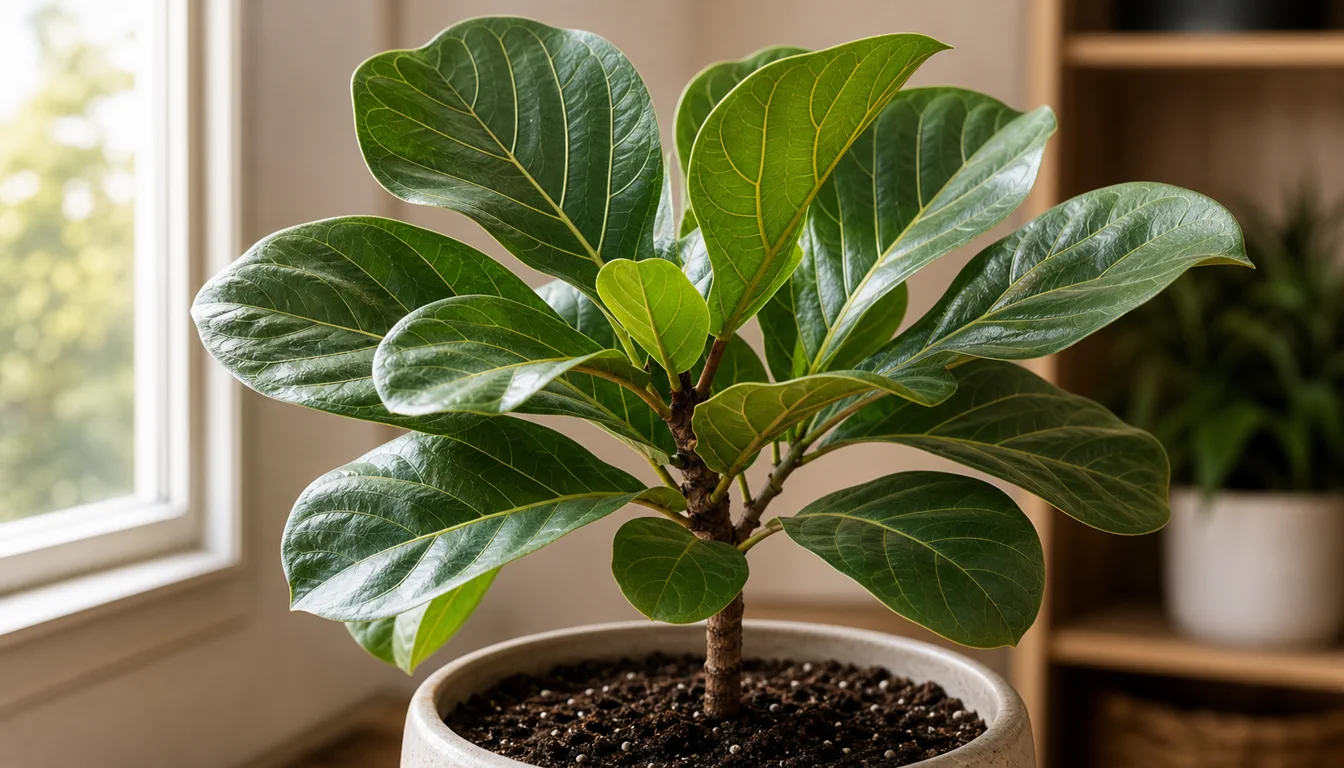 Fiddle leaf fig pot being watered thoroughly in a drainage tray while large leaves rise above the pot