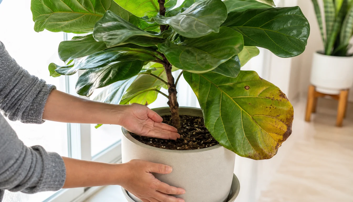 Fiddle leaf fig with yellowing lower leaf and brown spotting while a hand checks the soil near a bright window