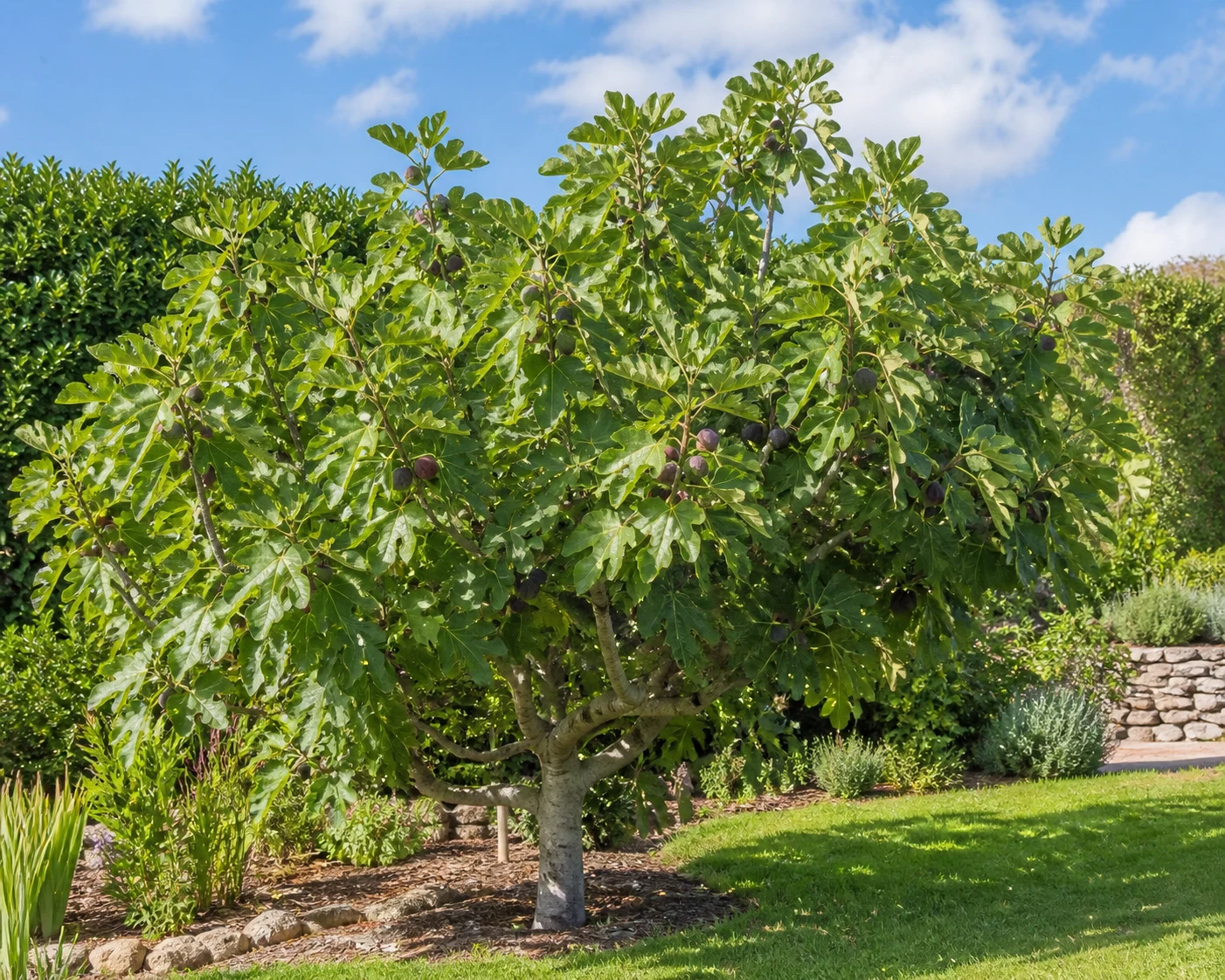 Fig tree with broad leaves and developing figs