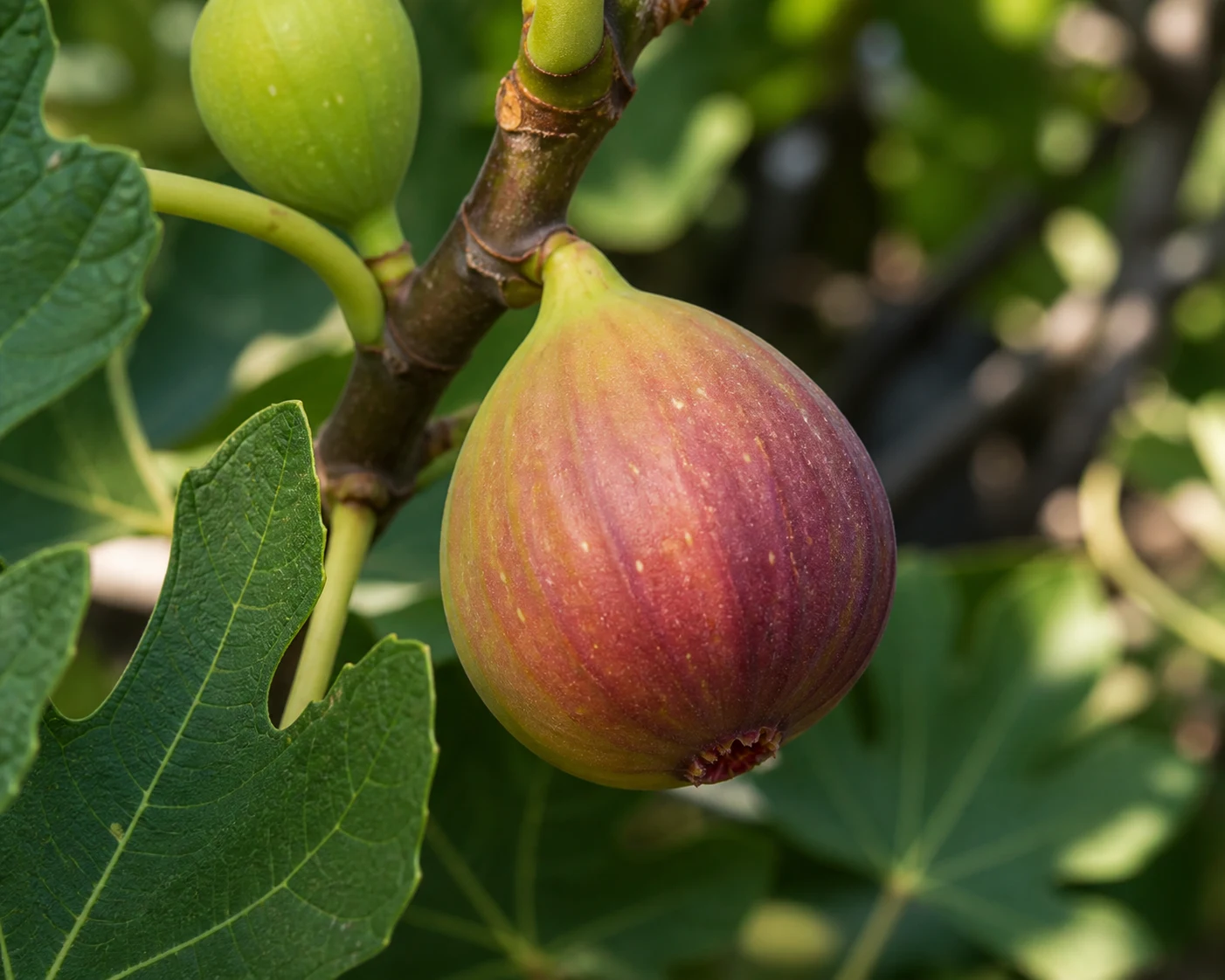 Fig branch detail showing leaves and fruit for pruning and harvest care