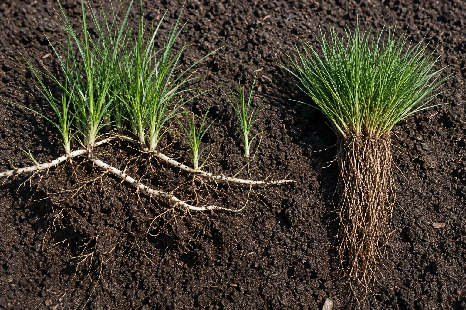 Two fine fescue plants lifted side by side on dark soil, the left a creeping red with white rhizomes running sideways and new shoots rising from them, the right a Chewings growing as a single tuft with roots going straight down