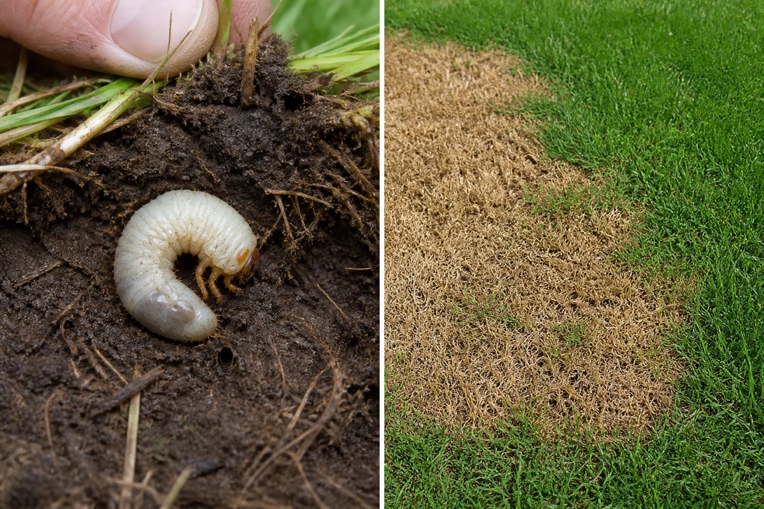 Comparison of a white grub exposed in peeled-back turf versus an irregular straw-colored dead patch from chinch bugs