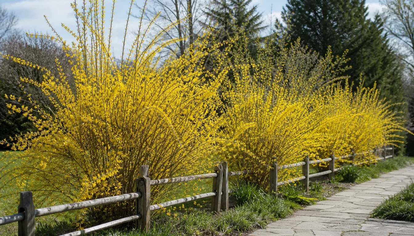 Several mature full-size forsythia shrubs with tall fountain-shaped canes forming an informal flowering screen