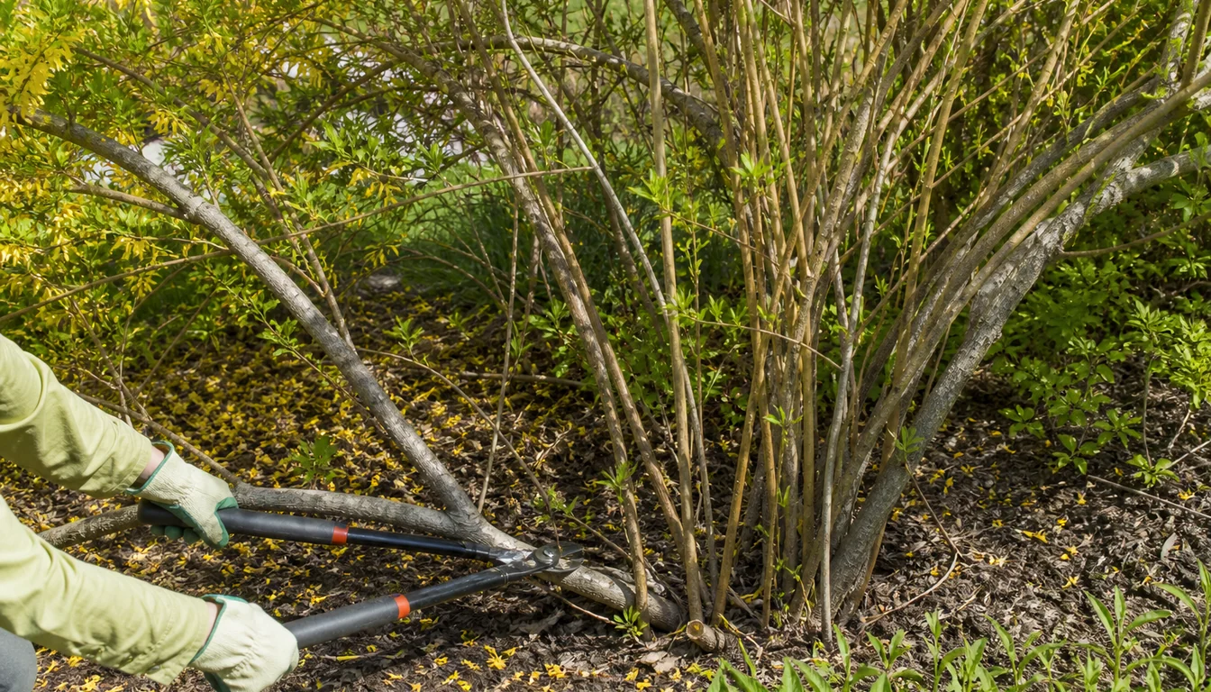 Gardener removing one thick old forsythia cane at ground level while younger arching canes remain after spring bloom
