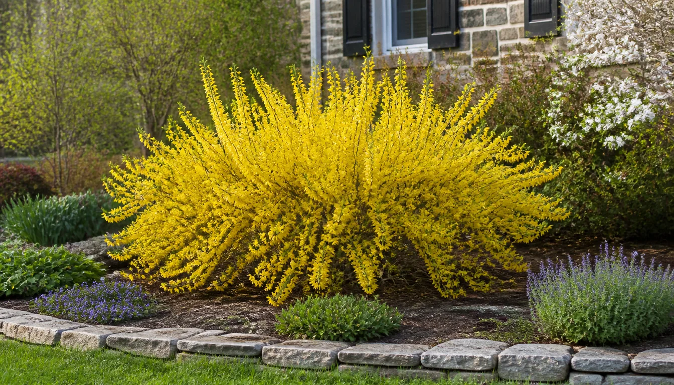 Compact dwarf forsythia flowering as a low rounded mound at the front of a residential garden bed