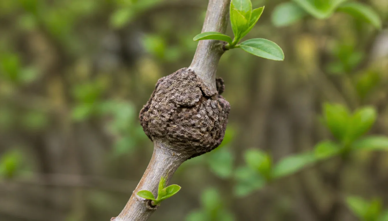 Rough corky brown gall swelling around a forsythia cane with normal smooth stem above and below it