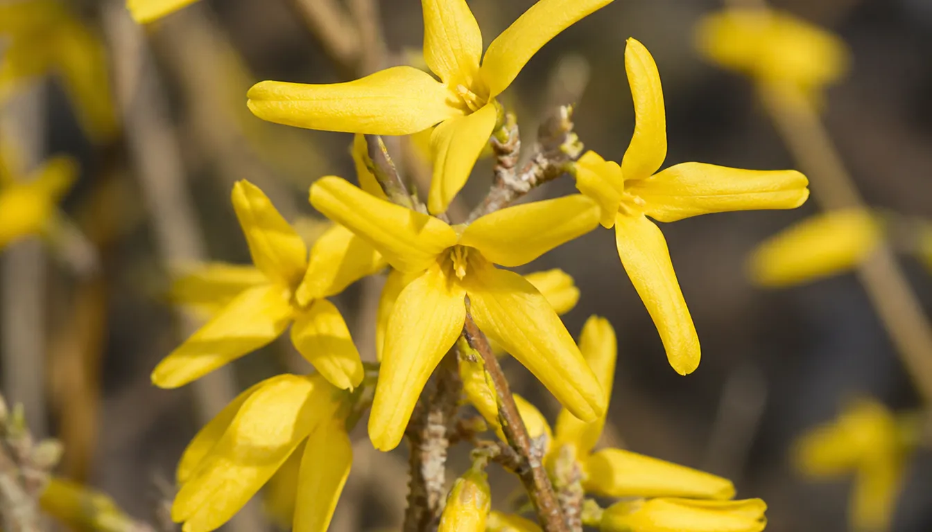 Close view of forsythia yellow blooms opening before leaves on woody stems